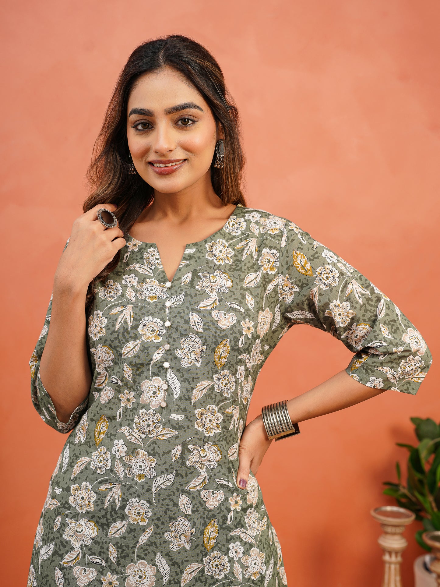 Soft Cotton Floral A-line Green Kurta