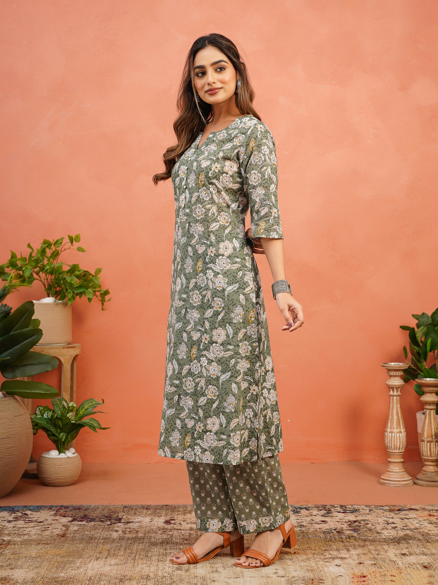 Soft Cotton Floral A-line Green Kurta