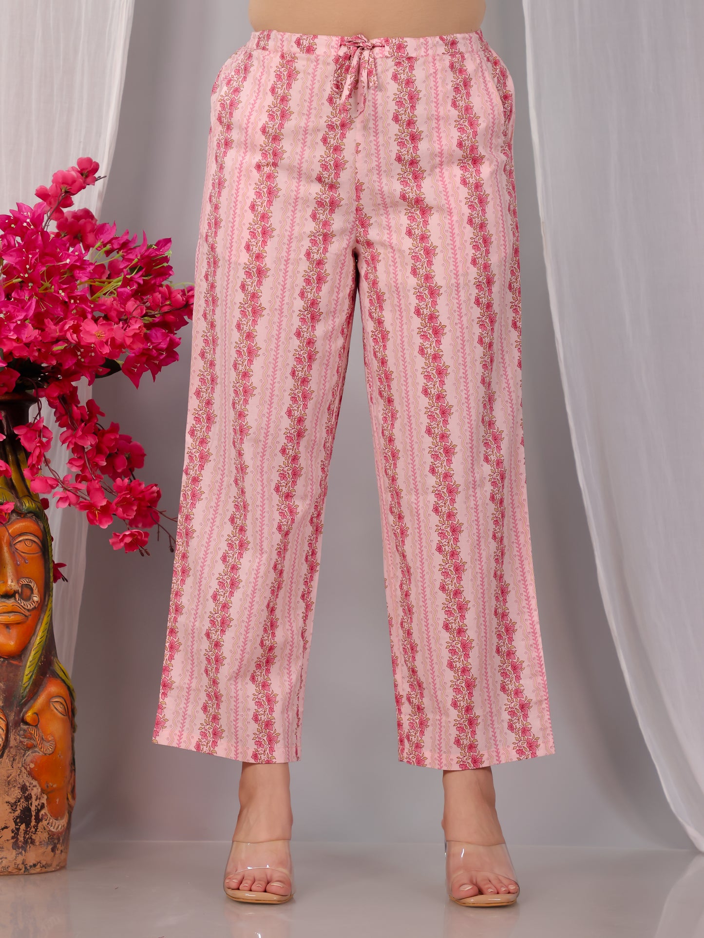 Soft Cotton Floral Pink Straight Trousers