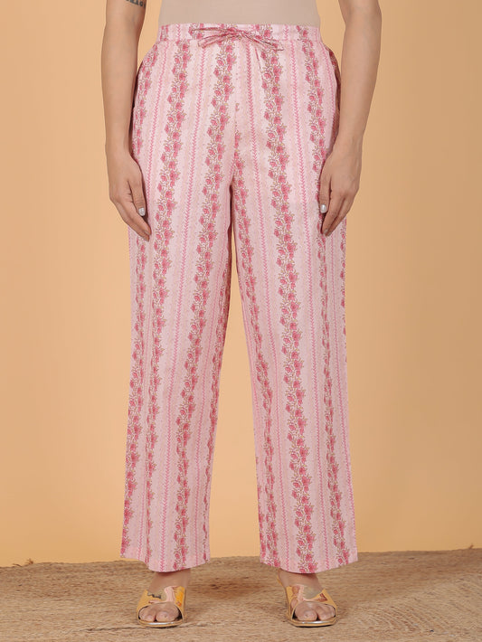 Soft Cotton Floral Pink Straight Trousers