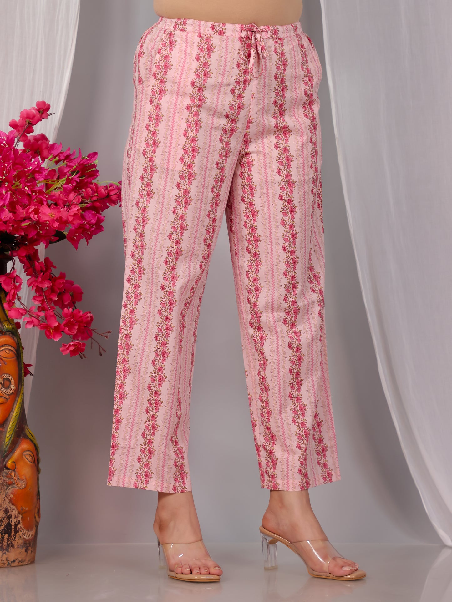Soft Cotton Floral Pink Straight Trousers