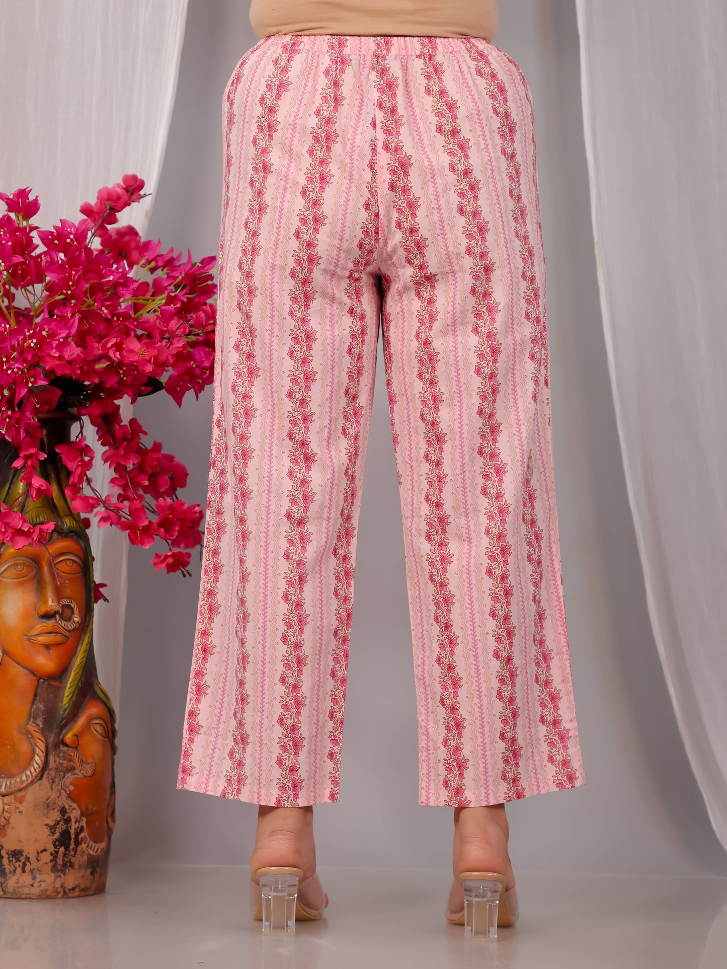 Soft Cotton Floral Pink Straight Trousers