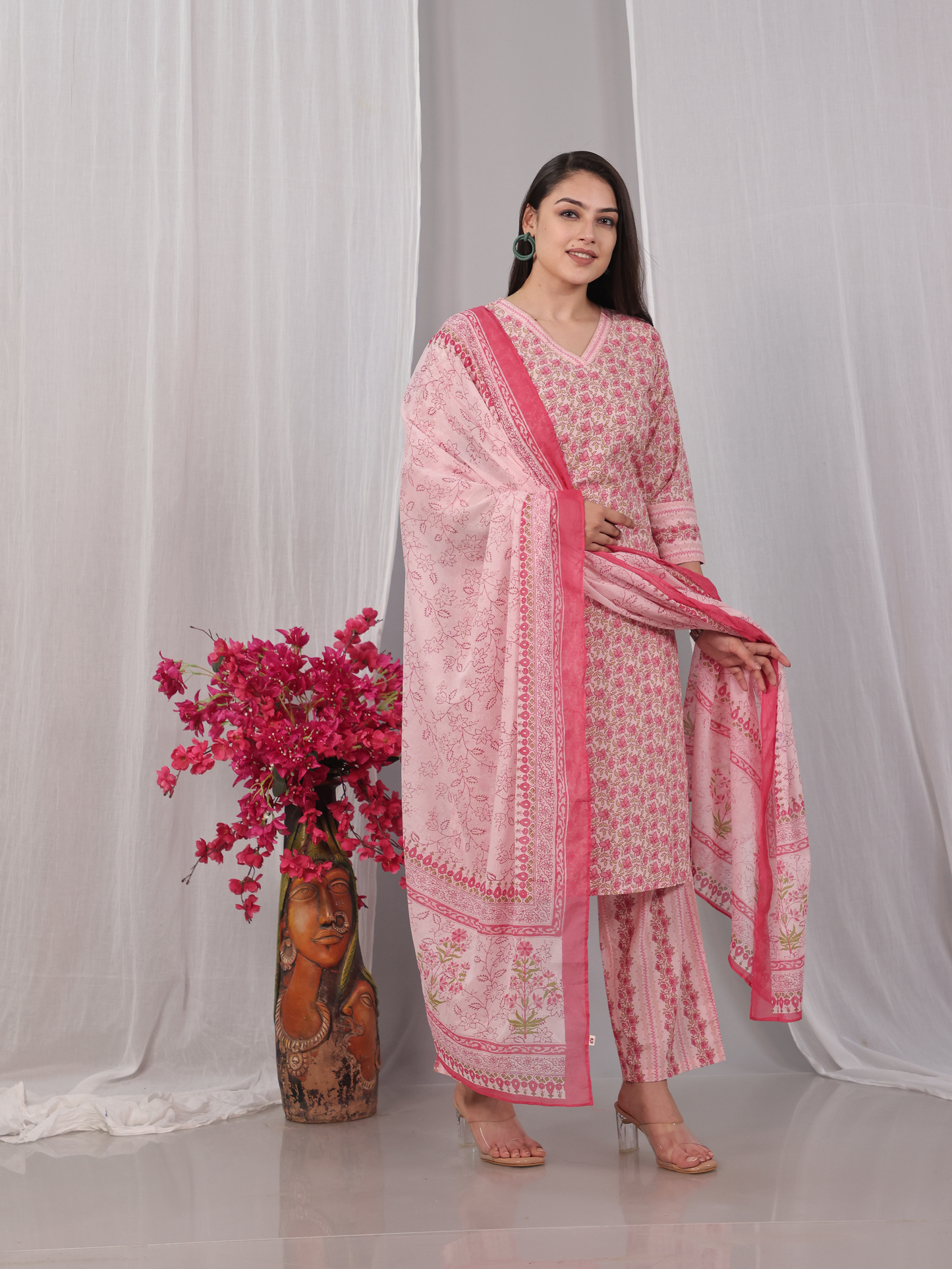 Cotton Voile Floral Baby Pink Dupatta