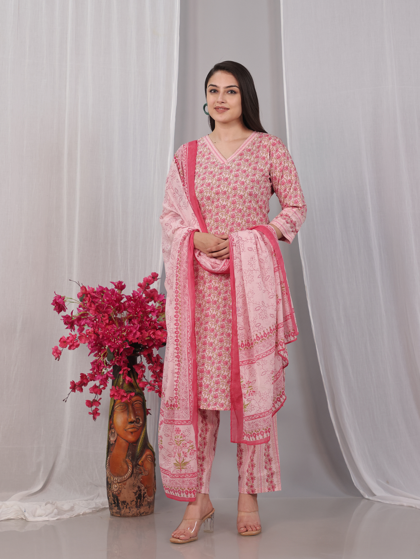 Cotton Voile Floral Baby Pink Dupatta