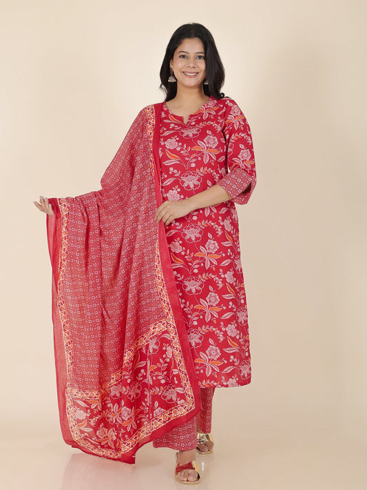 Cotton Voile Floral Red Dupatta