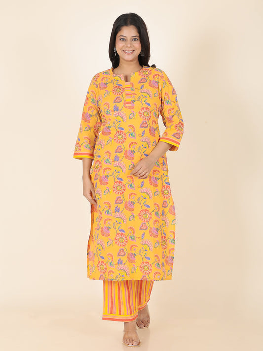 Soft Cotton Floral Straight Yellow Kurta