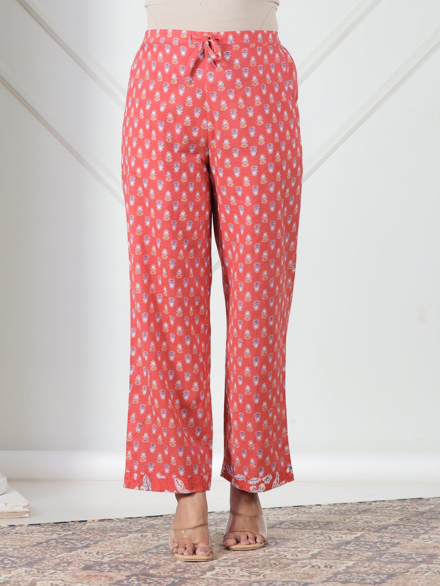 Soft Cotton Butti Red Straight Trousers