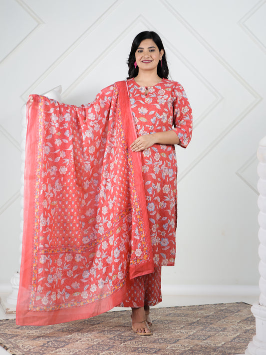 Voile Cotton Floral Red Dupatta