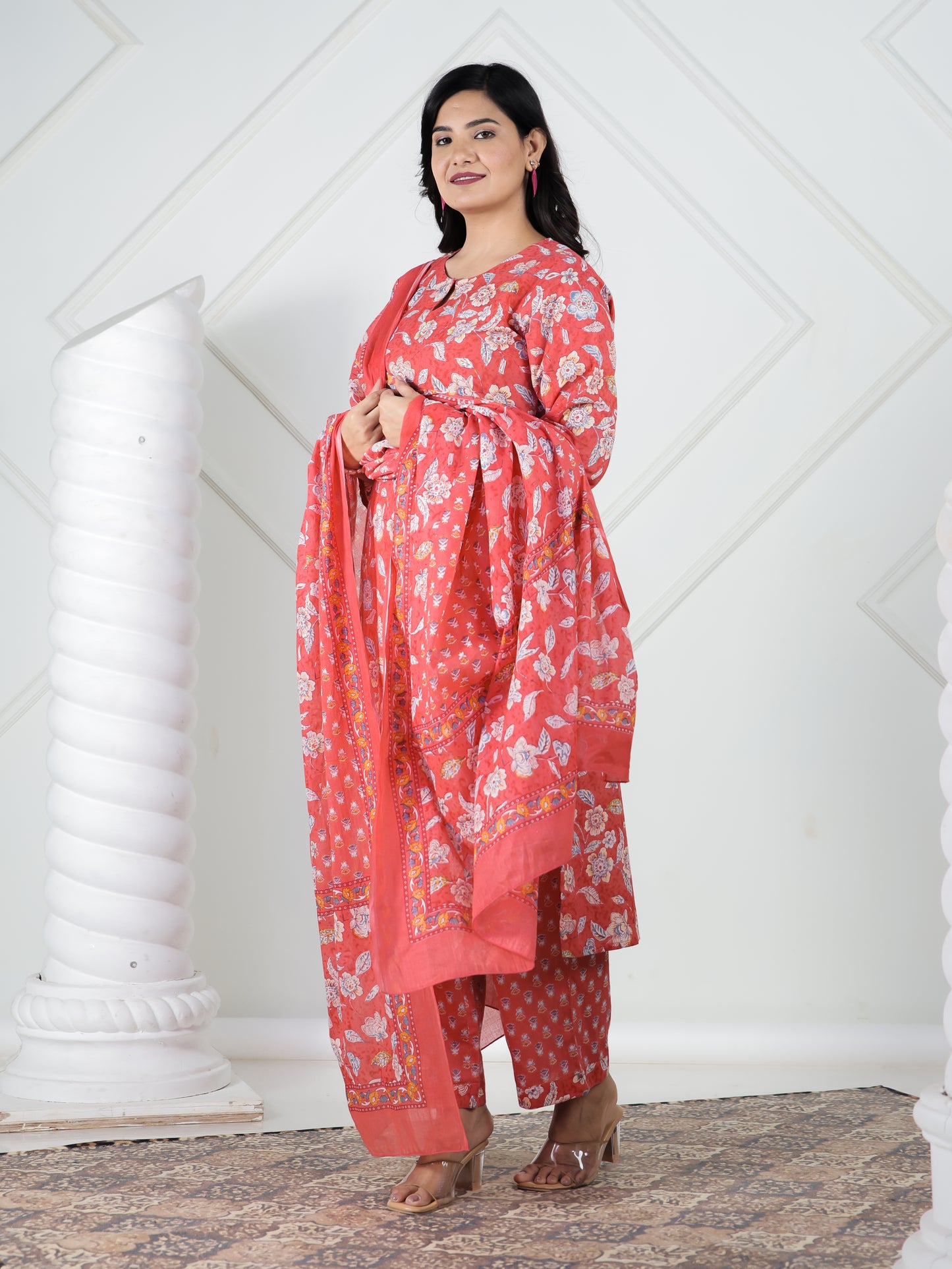 Voile Cotton Floral Red Dupatta