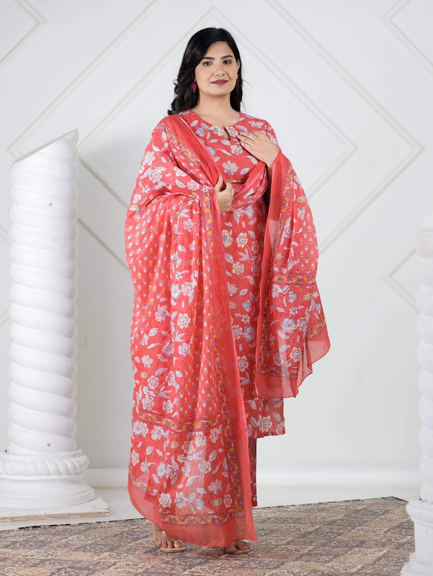Voile Cotton Floral Red Dupatta