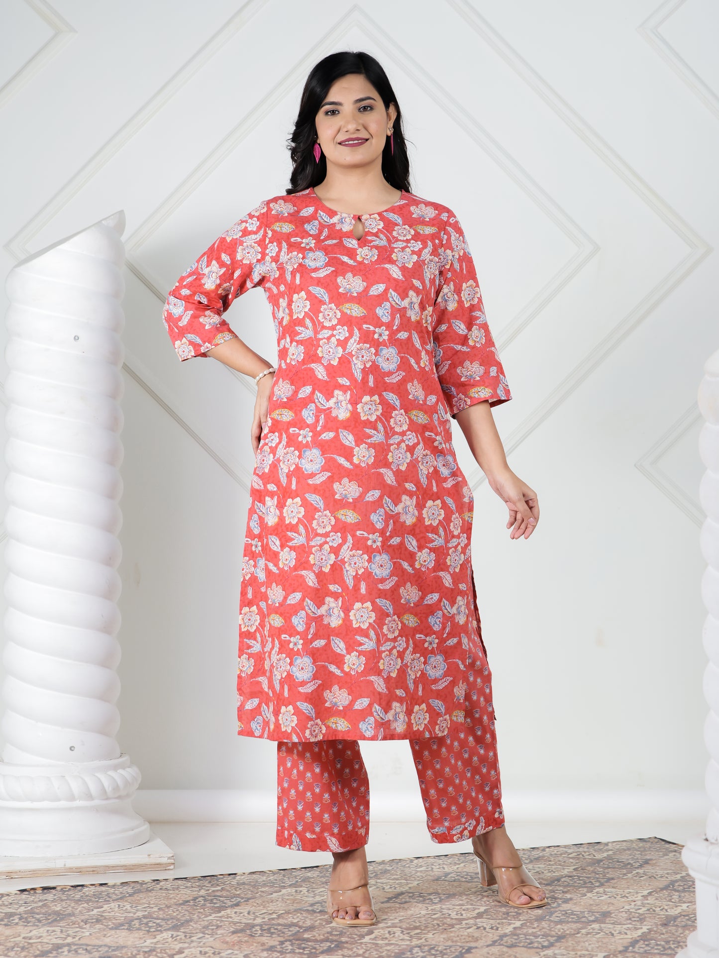 Soft Cotton Floral Straight Red Kurta