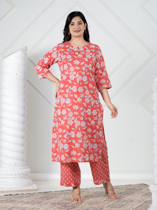Soft Cotton Floral Straight Red Kurta