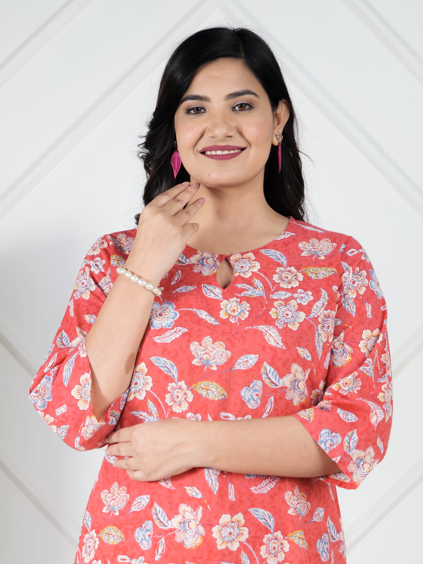 Soft Cotton Floral Straight Red Kurta