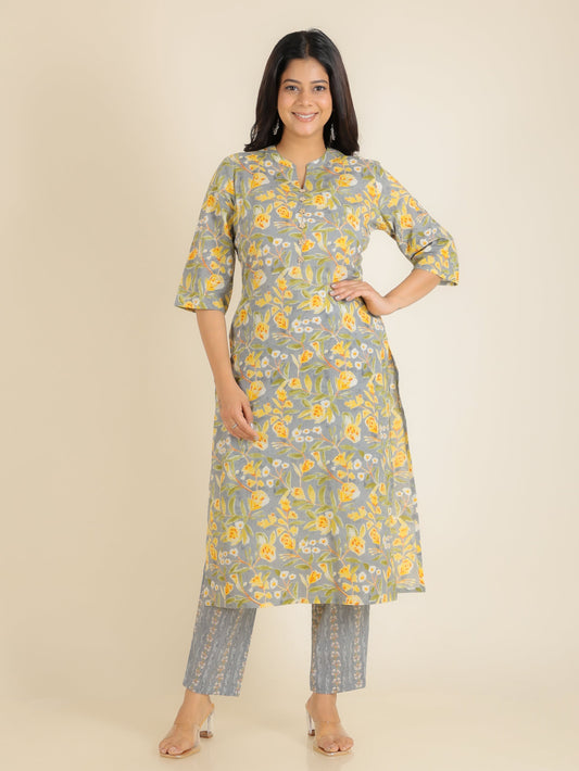 Soft Cotton Floral Straight Grey Kurta