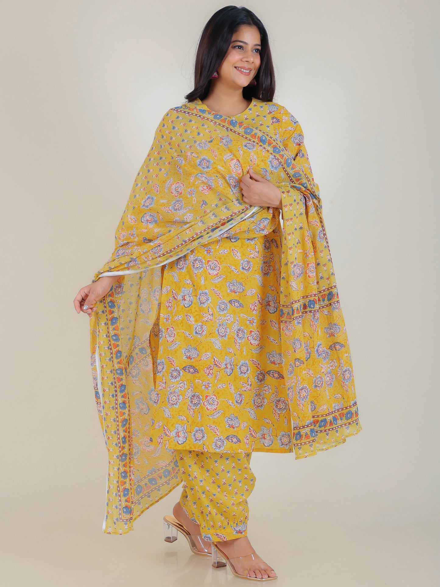 Cotton Voile Floral Yellow Dupatta