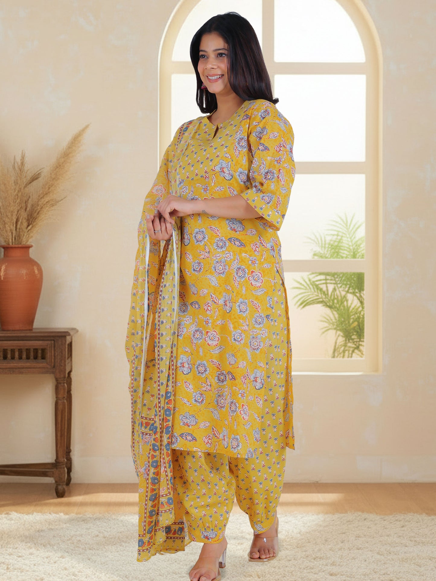 Soft Cotton Floral Straight Yellow Kurta