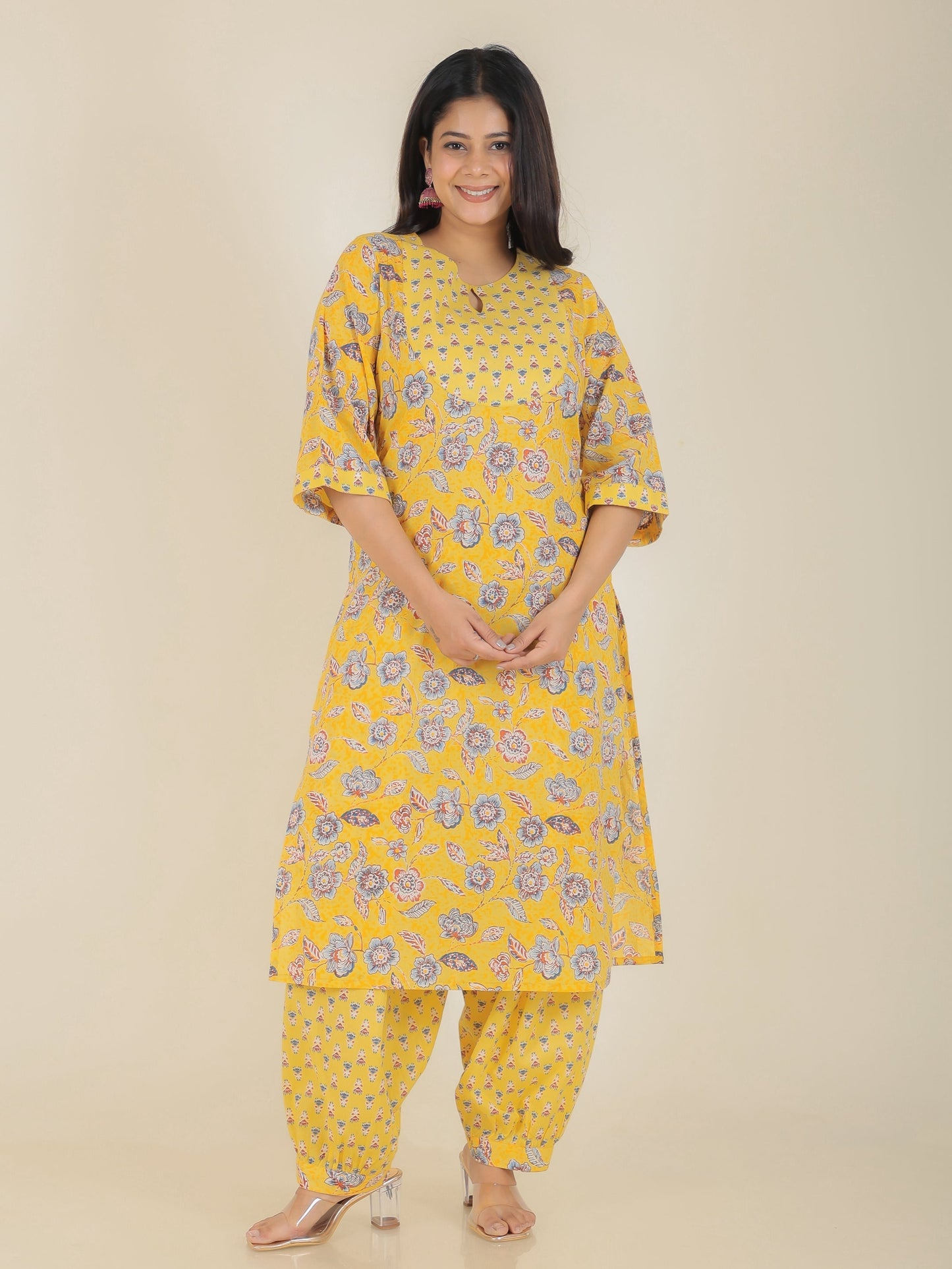 Soft Cotton Floral Straight Yellow Kurta