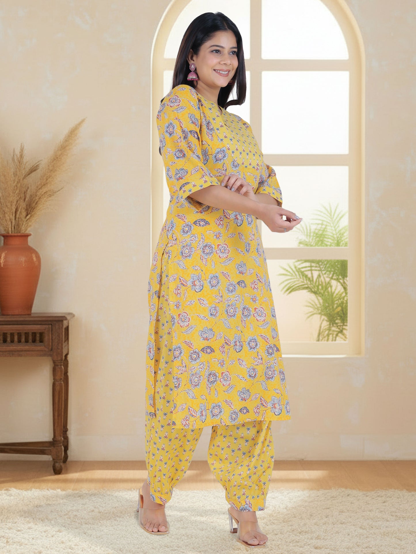 Soft Cotton Floral Straight Yellow Kurta