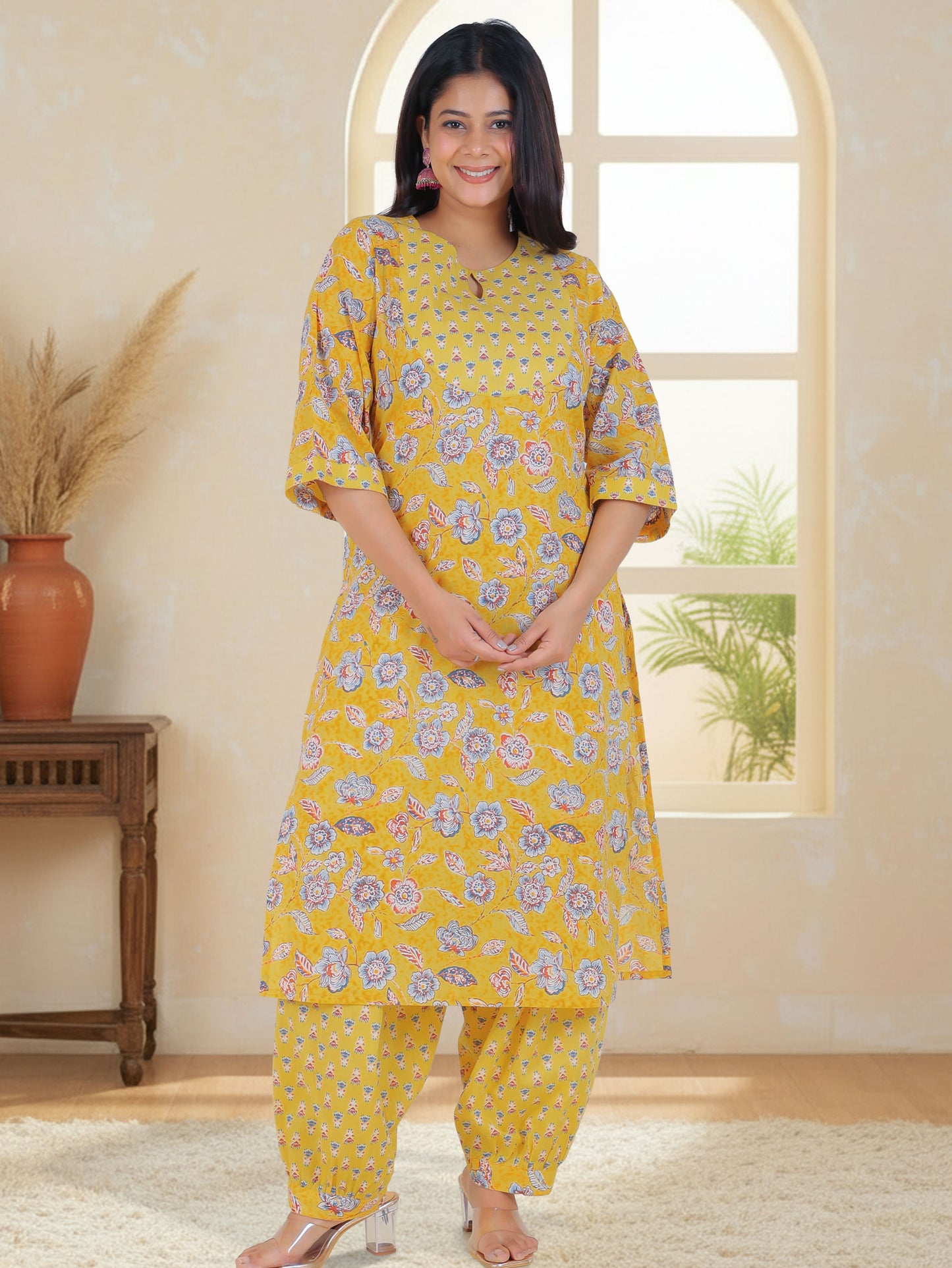 Soft Cotton Floral Straight Yellow Kurta