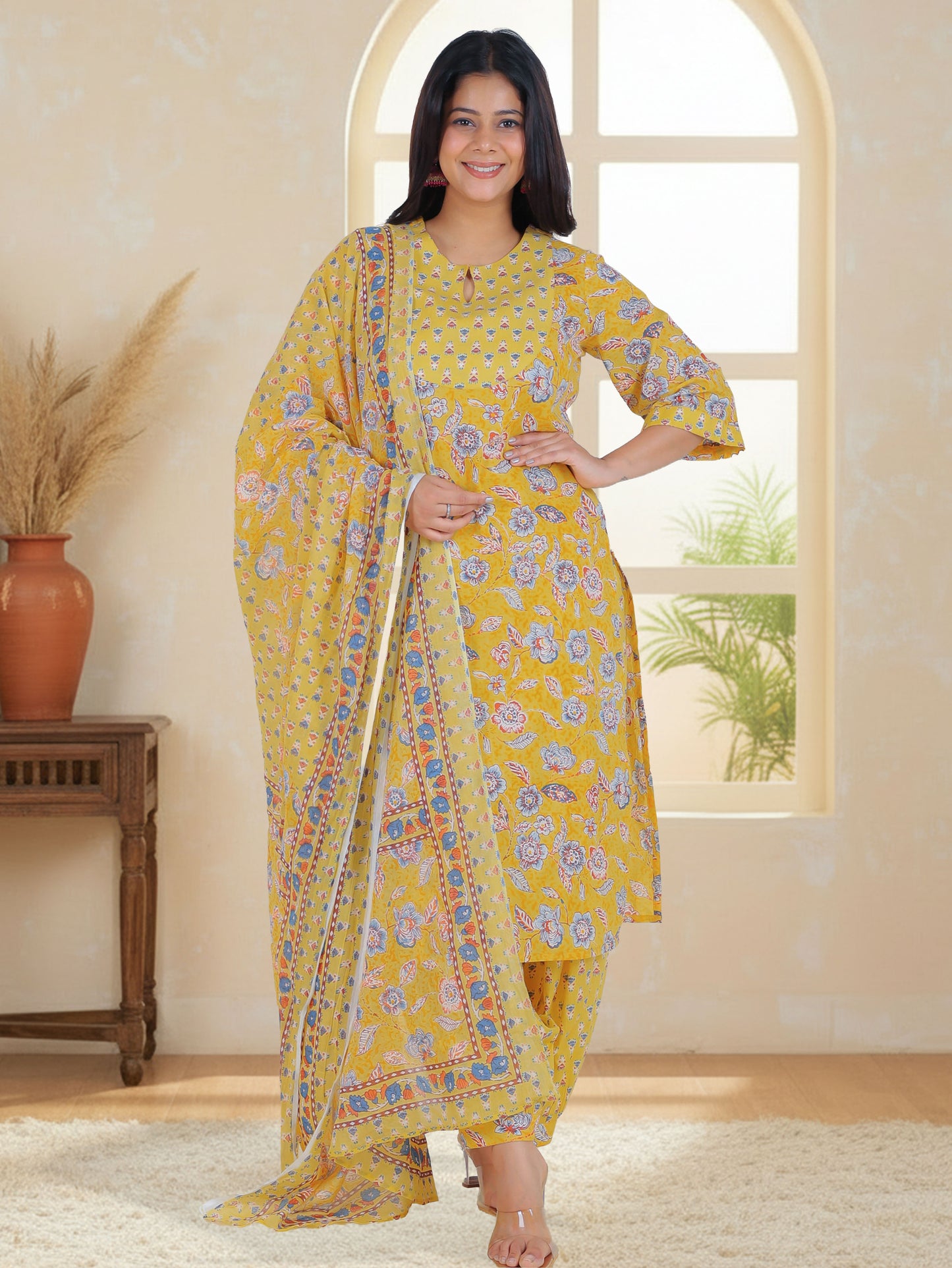 Soft Cotton Floral Straight Yellow Kurta