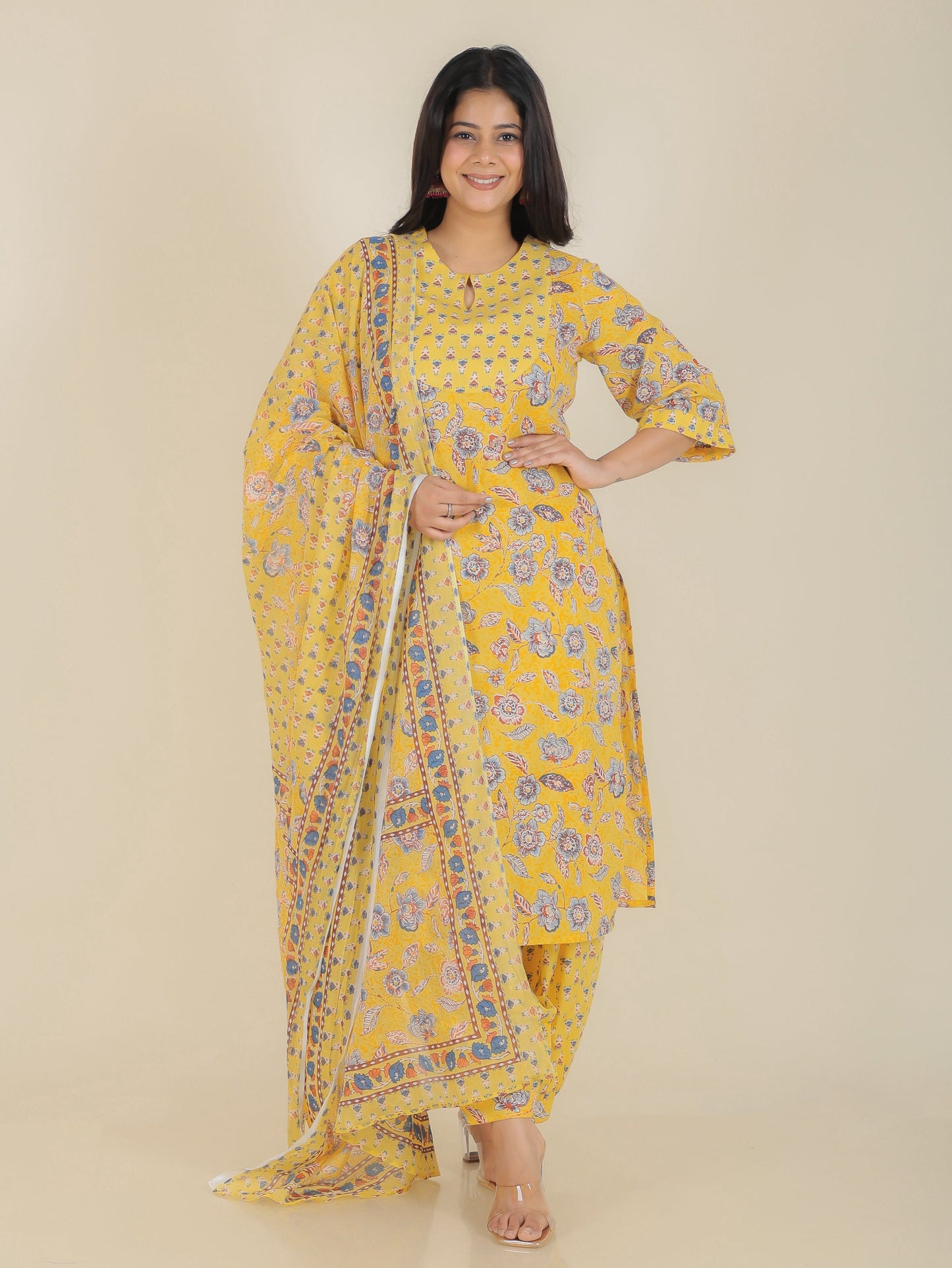 Soft Cotton Floral Straight Yellow Kurta