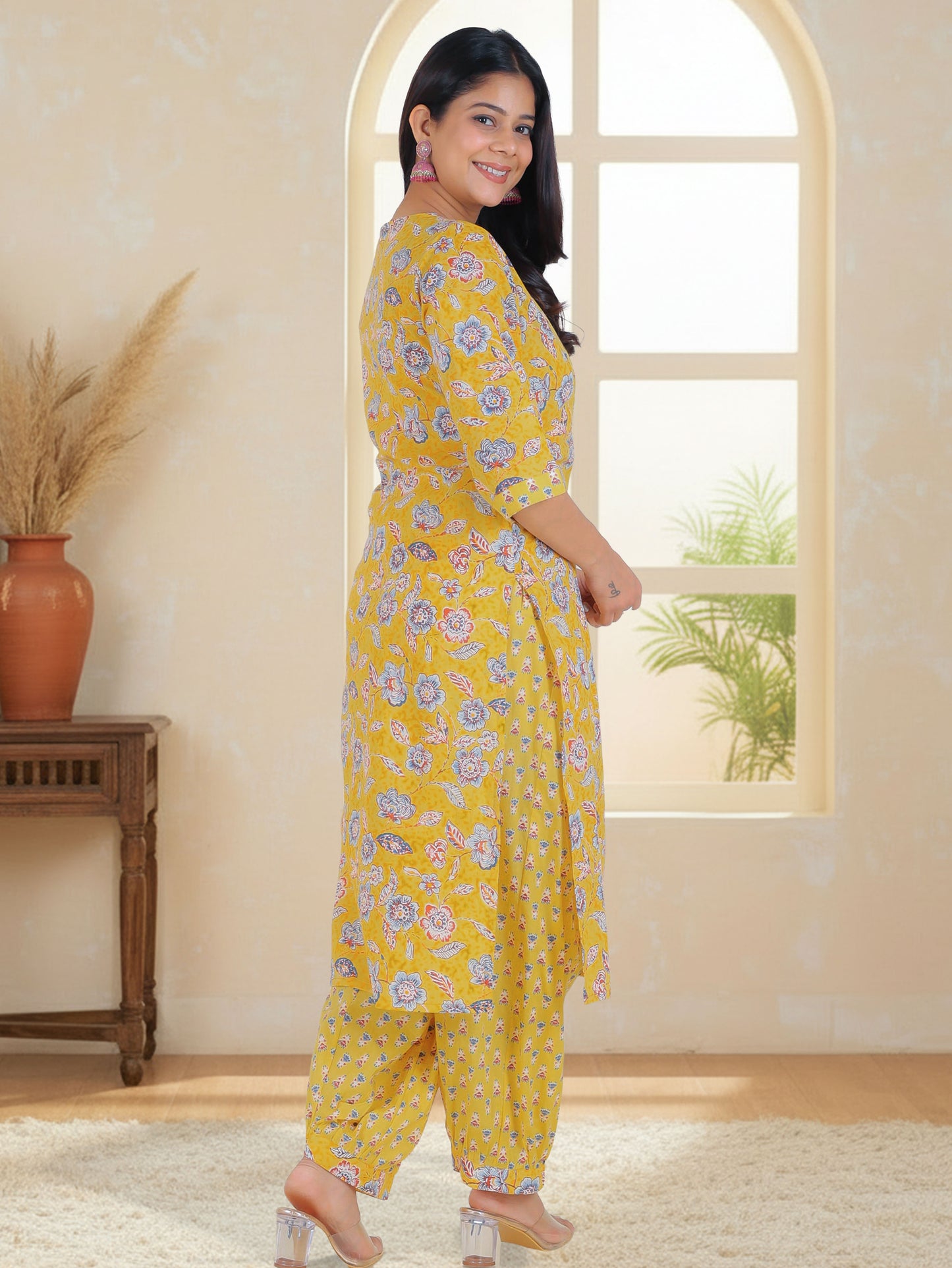 Soft Cotton Floral Straight Yellow Kurta