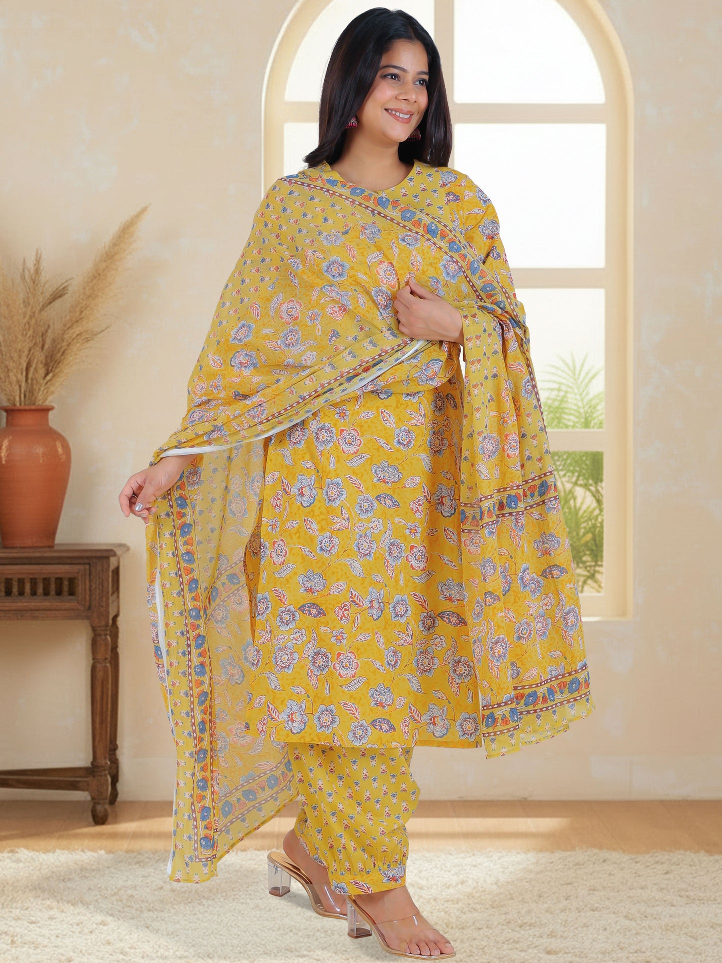 Soft Cotton Floral Straight Yellow Kurta