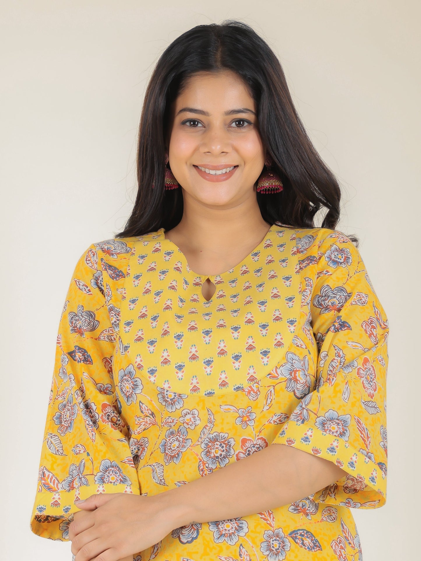 Soft Cotton Floral Straight Yellow Kurta