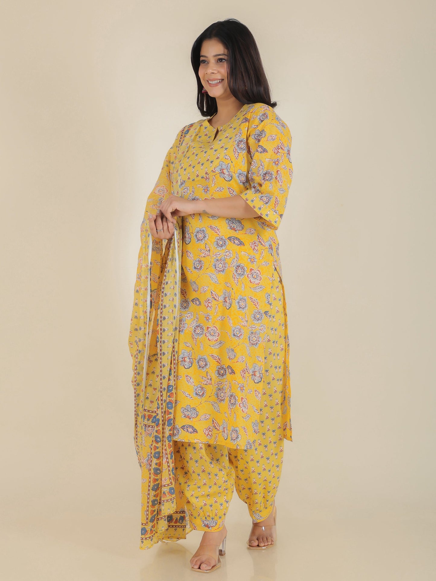 Cotton Voile Floral Yellow Dupatta