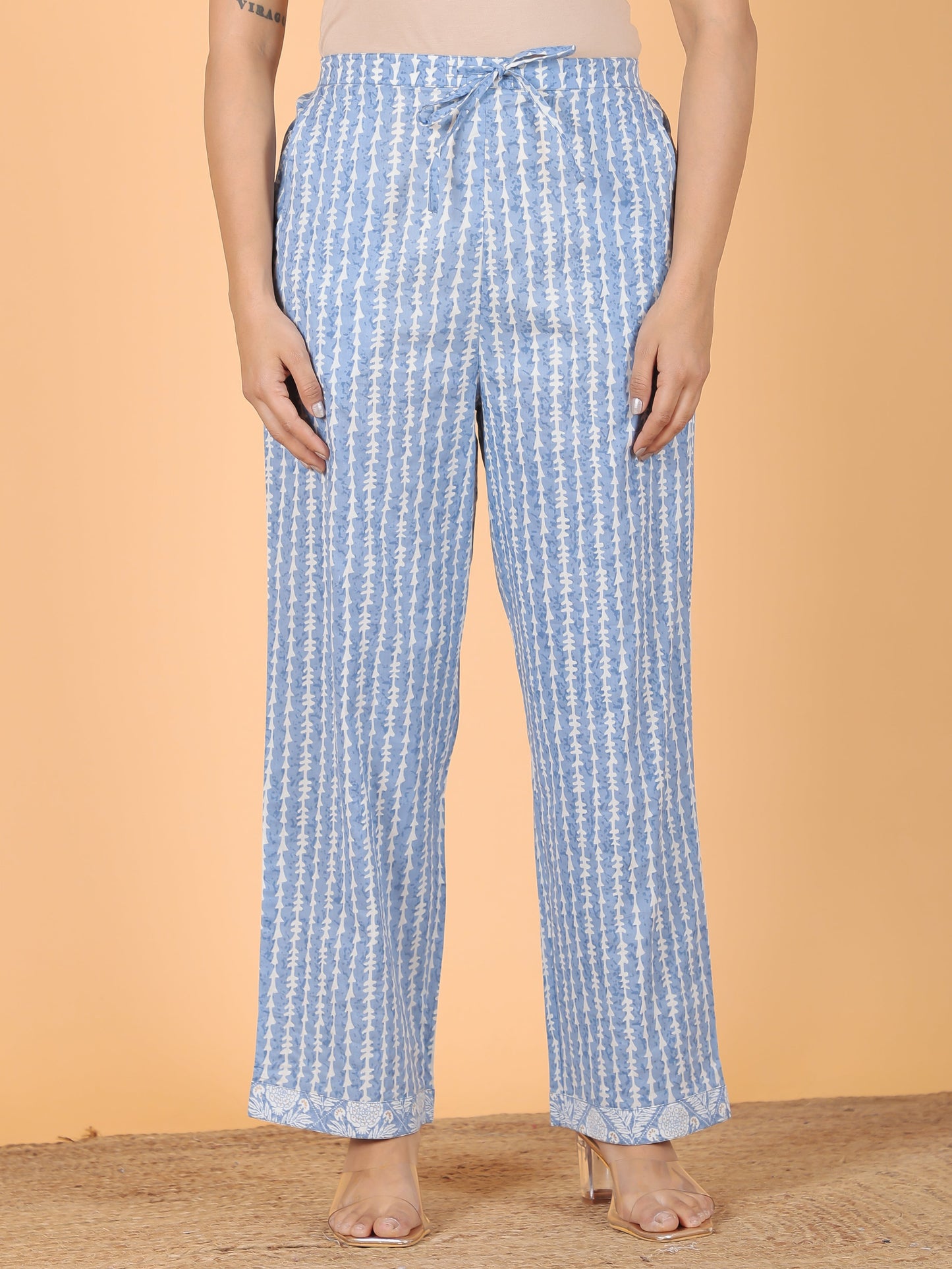 Soft Cotton Abstract Blue Straight Trousers