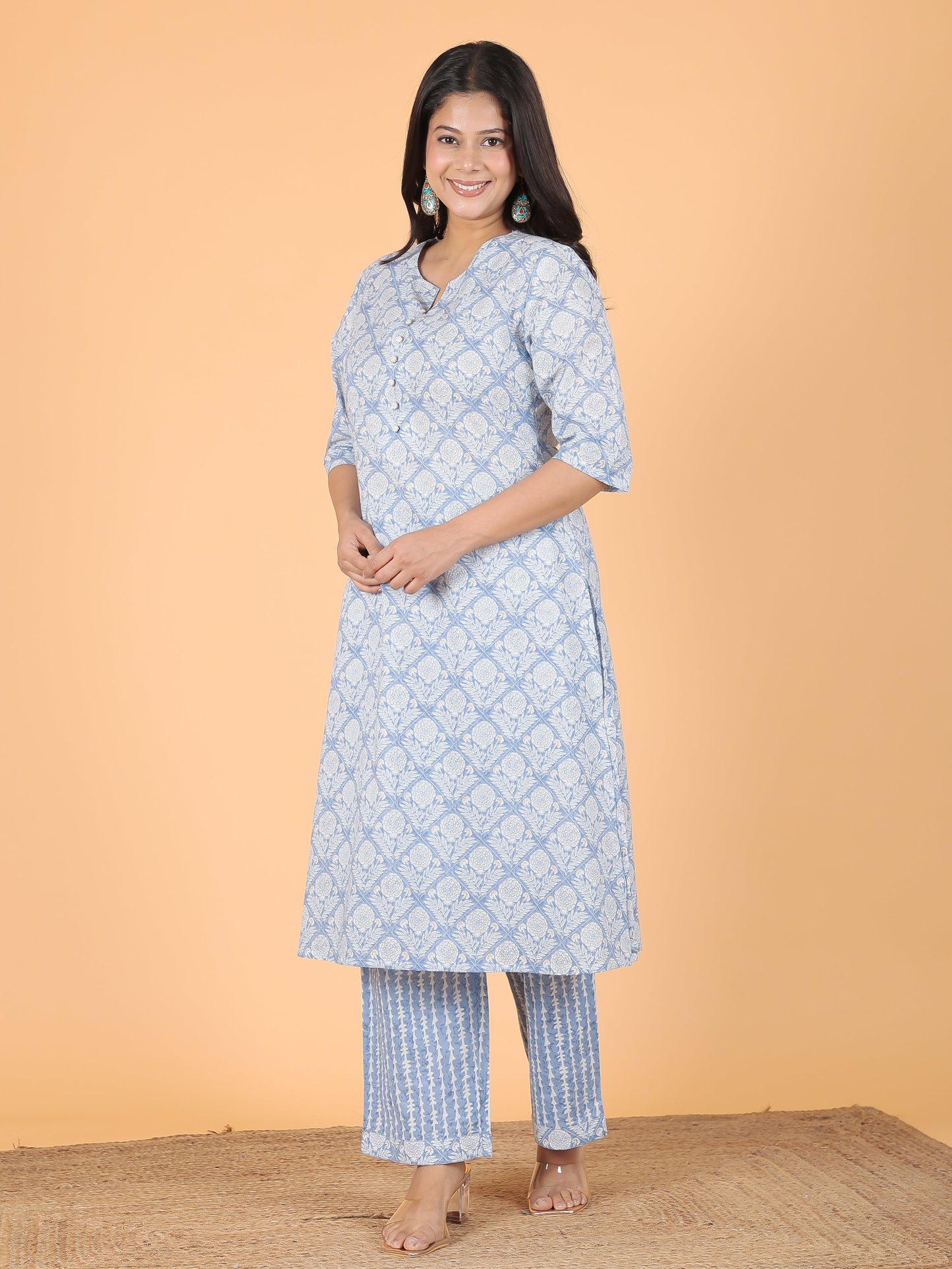 Soft Cotton Gold foil A-line Blue Kurta