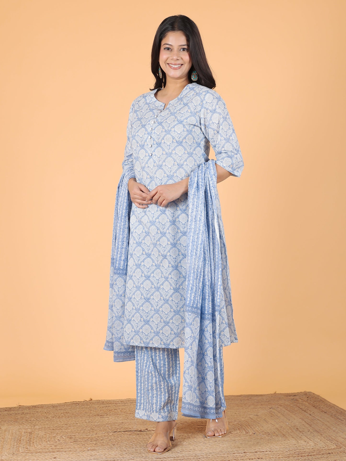 Soft Cotton Gold foil A-line Blue Kurta