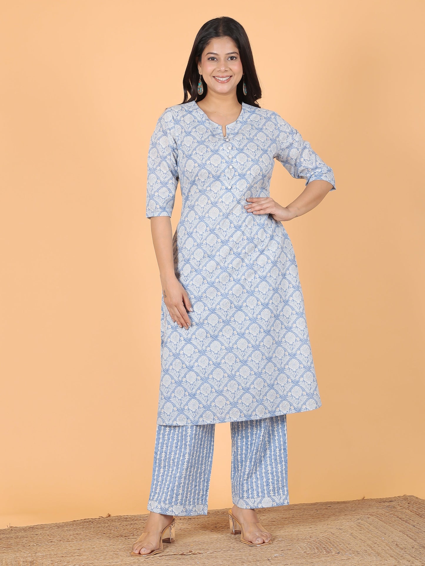 Soft Cotton Gold foil A-line Blue Kurta