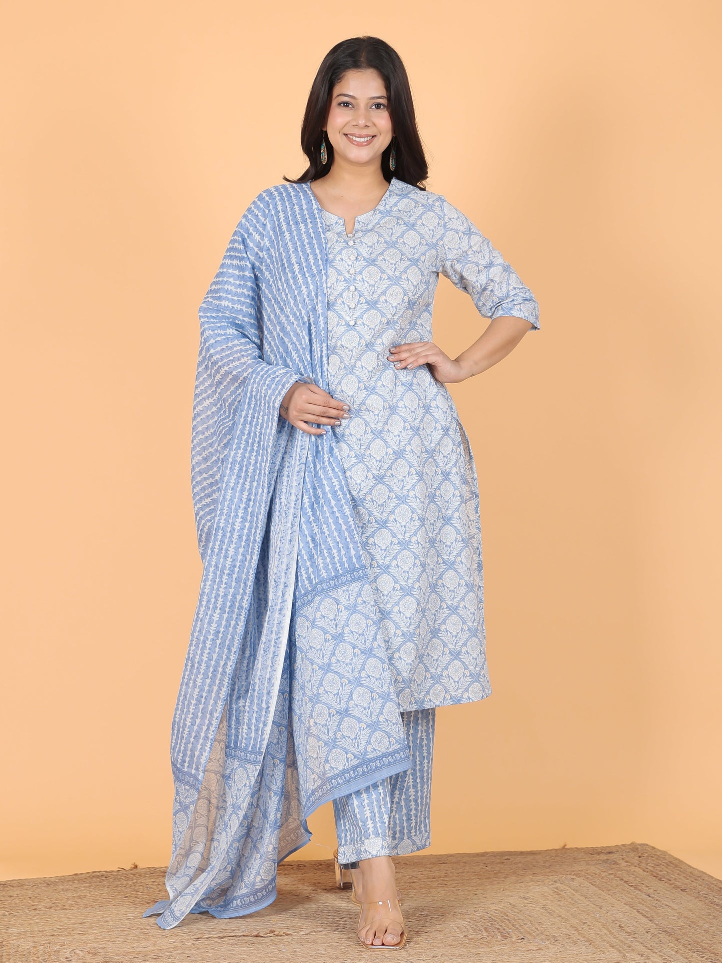Soft Cotton Gold foil A-line Blue Kurta