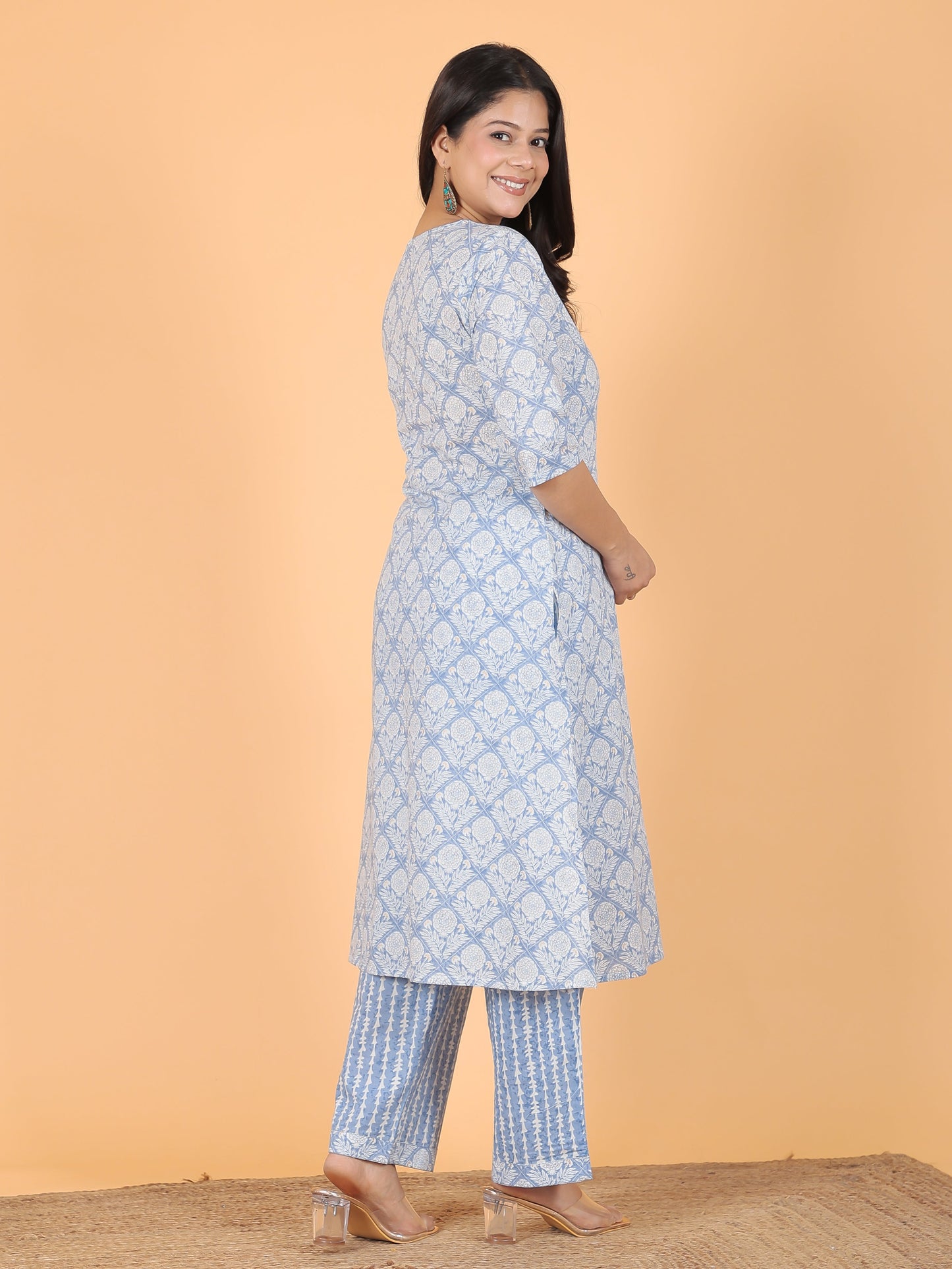 Soft Cotton Gold foil A-line Blue Kurta