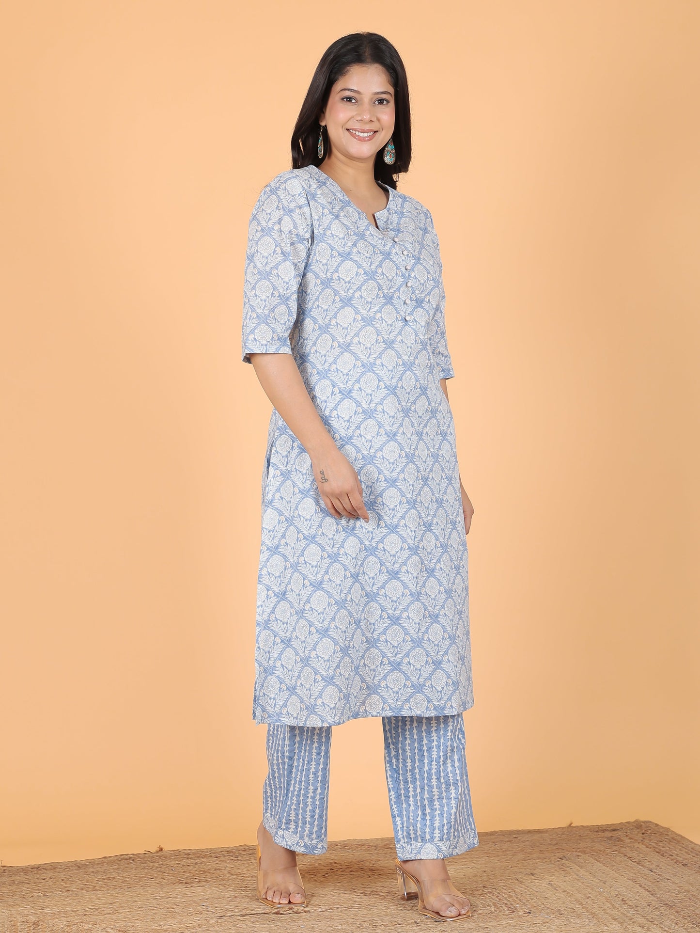 Soft Cotton Gold foil A-line Blue Kurta