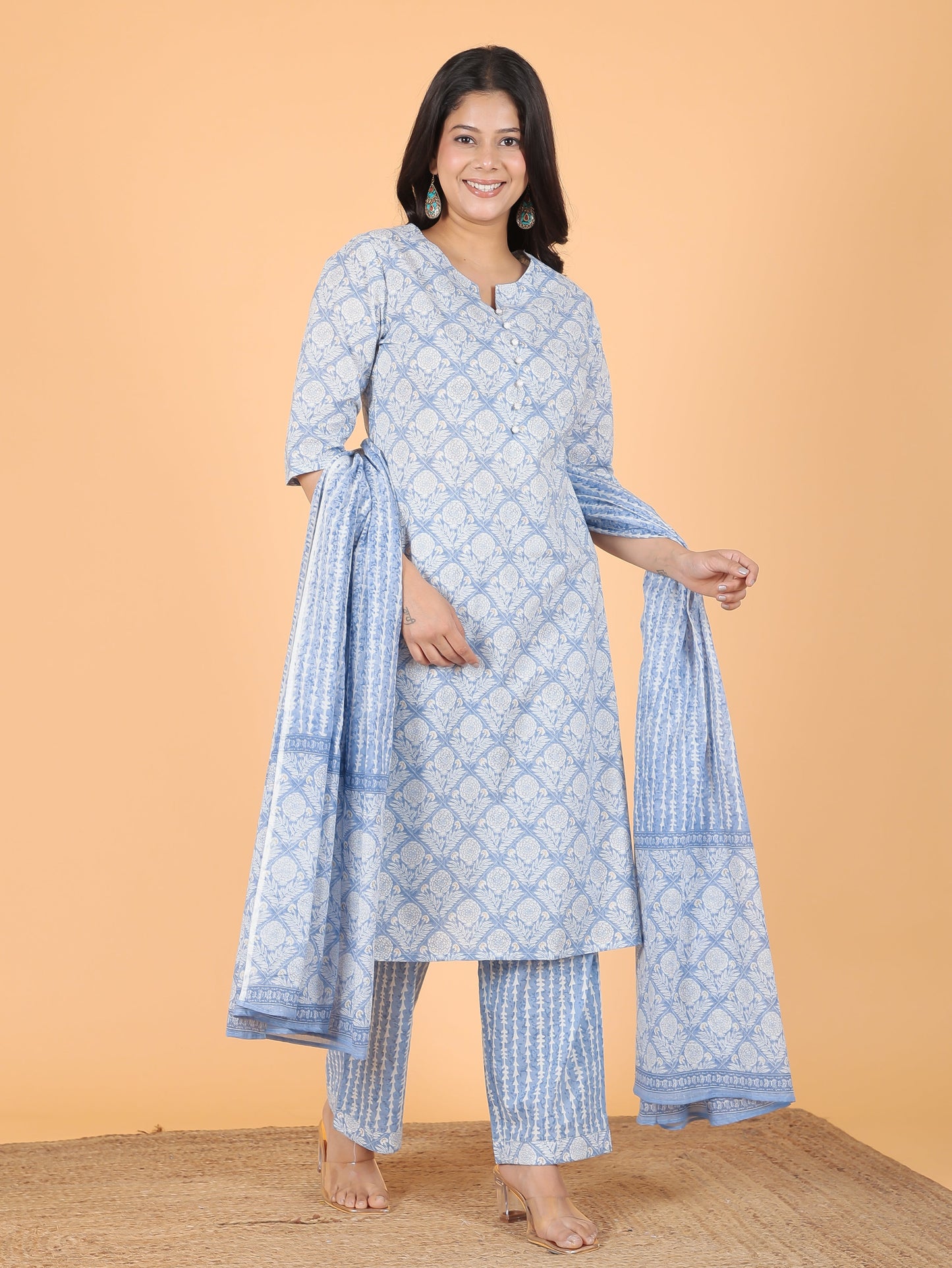 Soft Cotton Gold foil A-line Blue Kurta