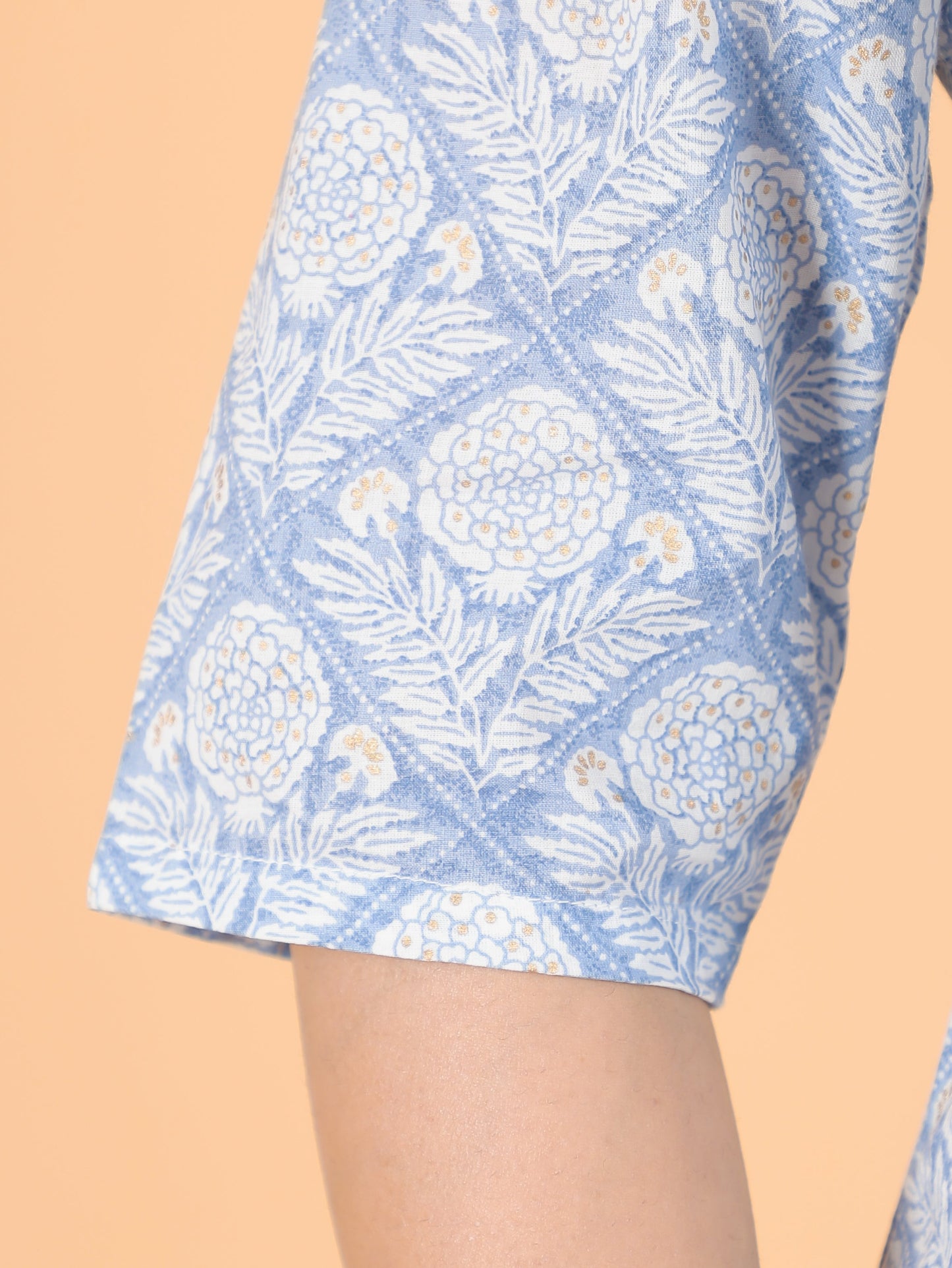 Soft Cotton Gold foil A-line Blue Kurta