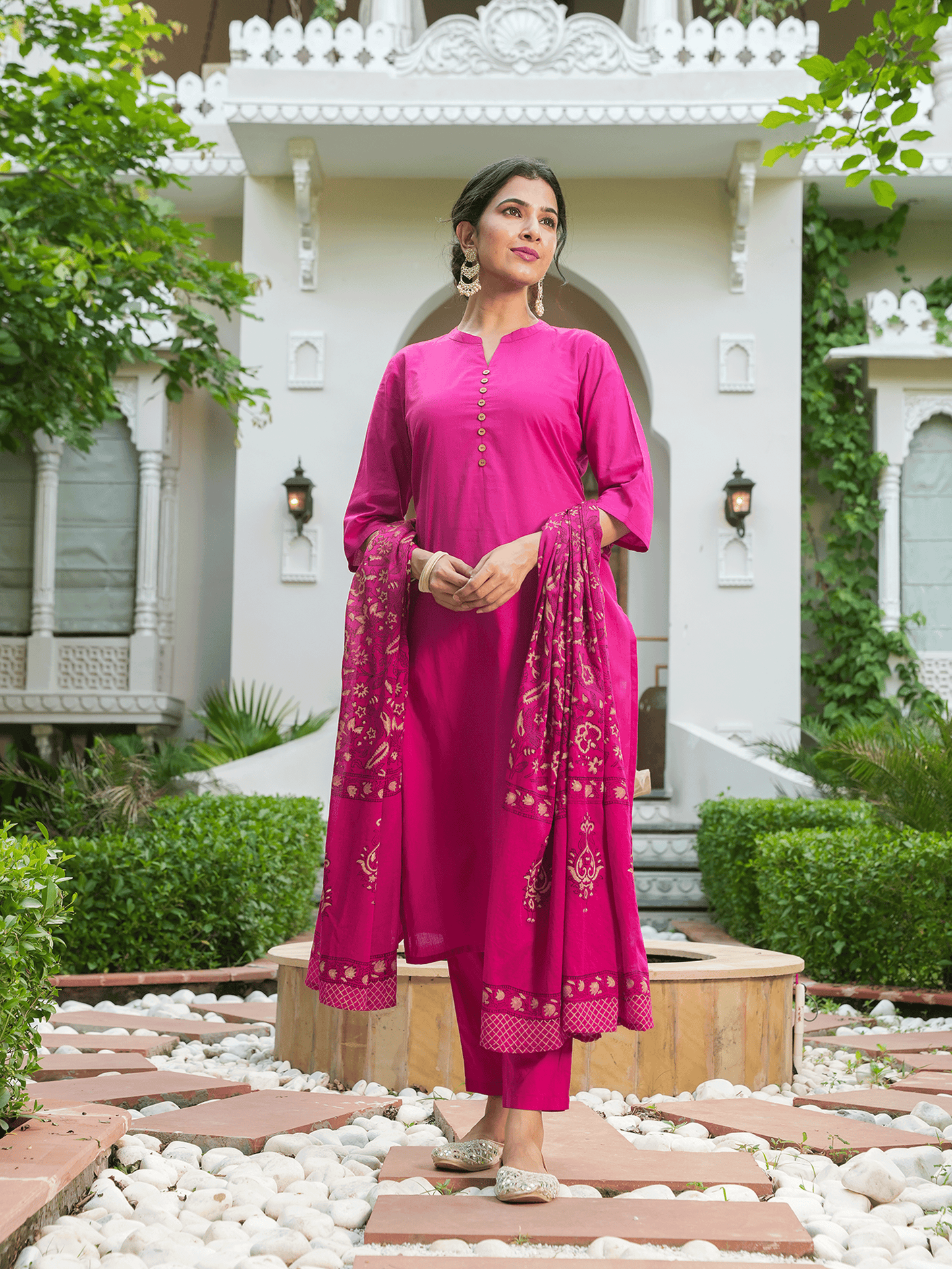 Cotton Voile Block Print Fuchsia Dupatta