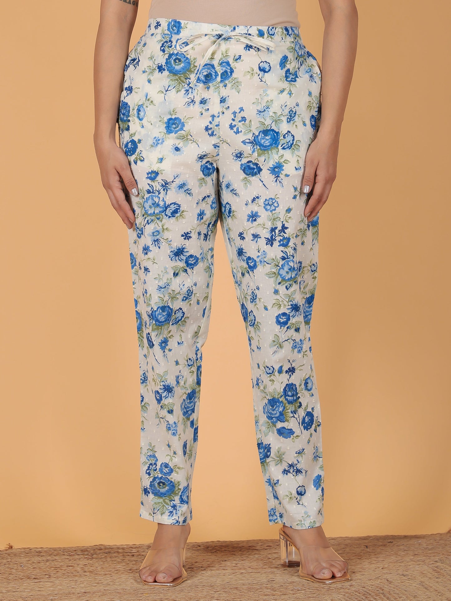 Textured Cotton Floral White Tapered Trousers