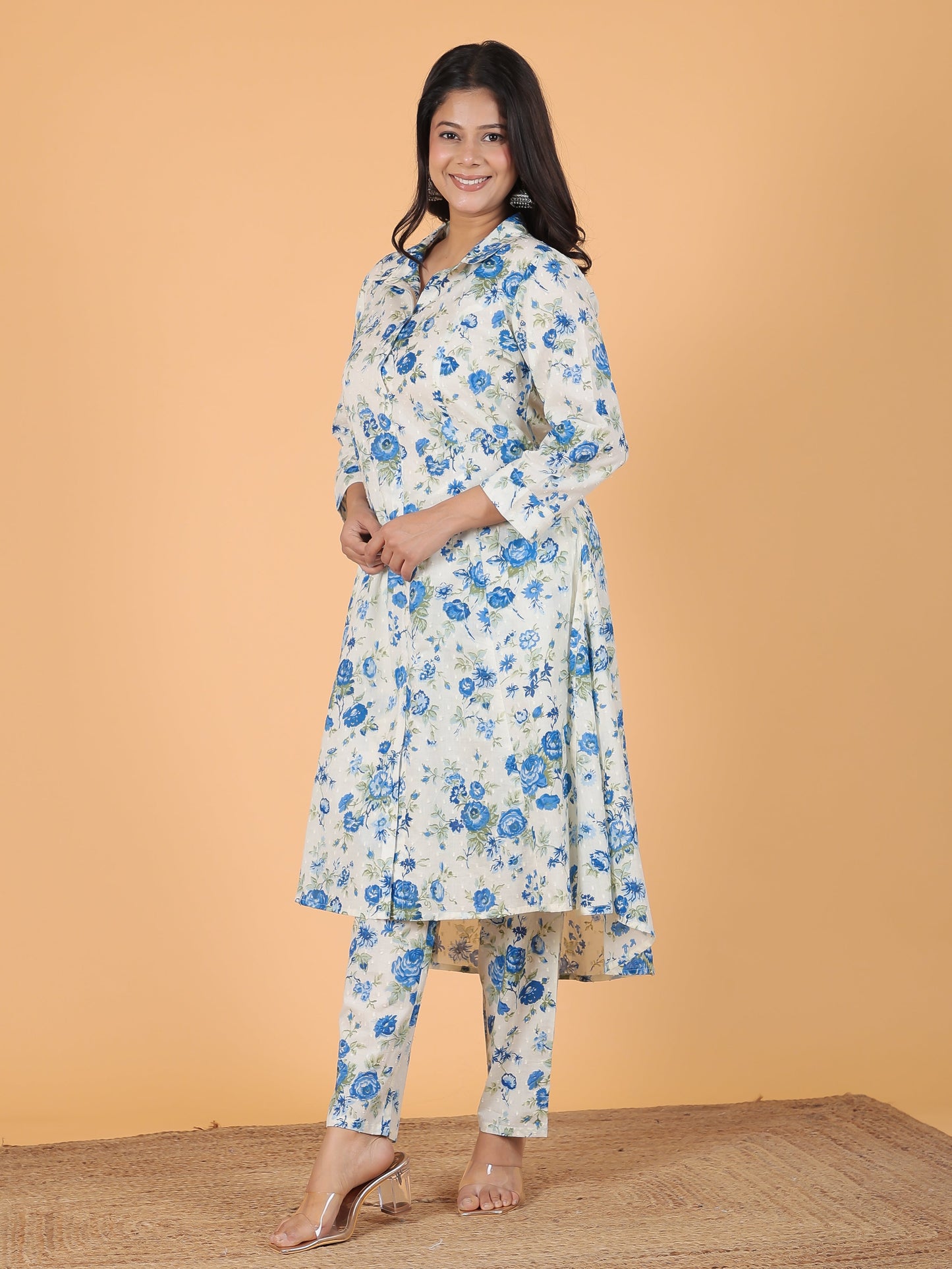 Textured Cotton Floral High Low White Kurta
