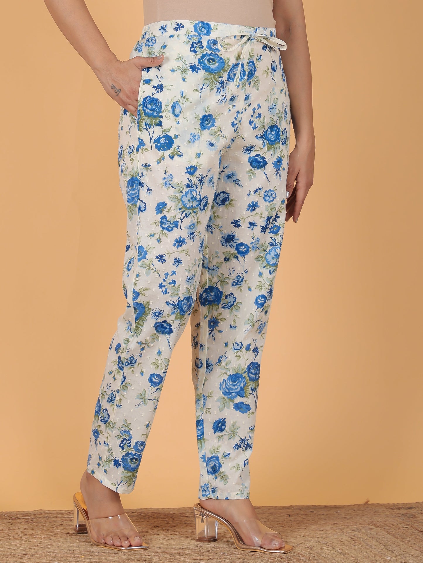 Textured Cotton Floral High Low White Kurta