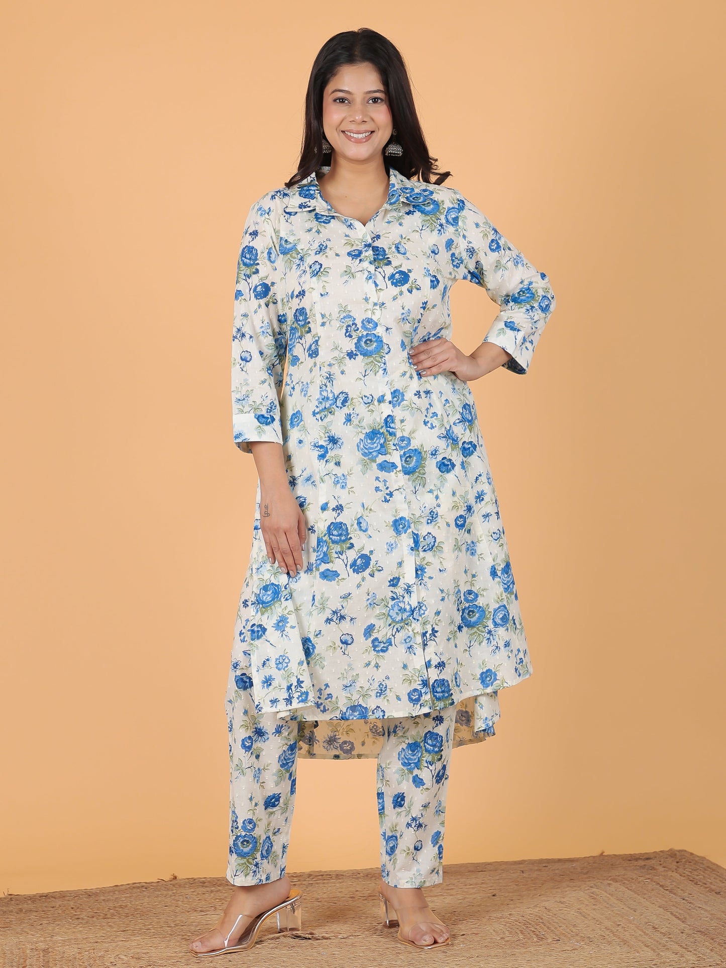 Textured Cotton Floral High Low White Kurta