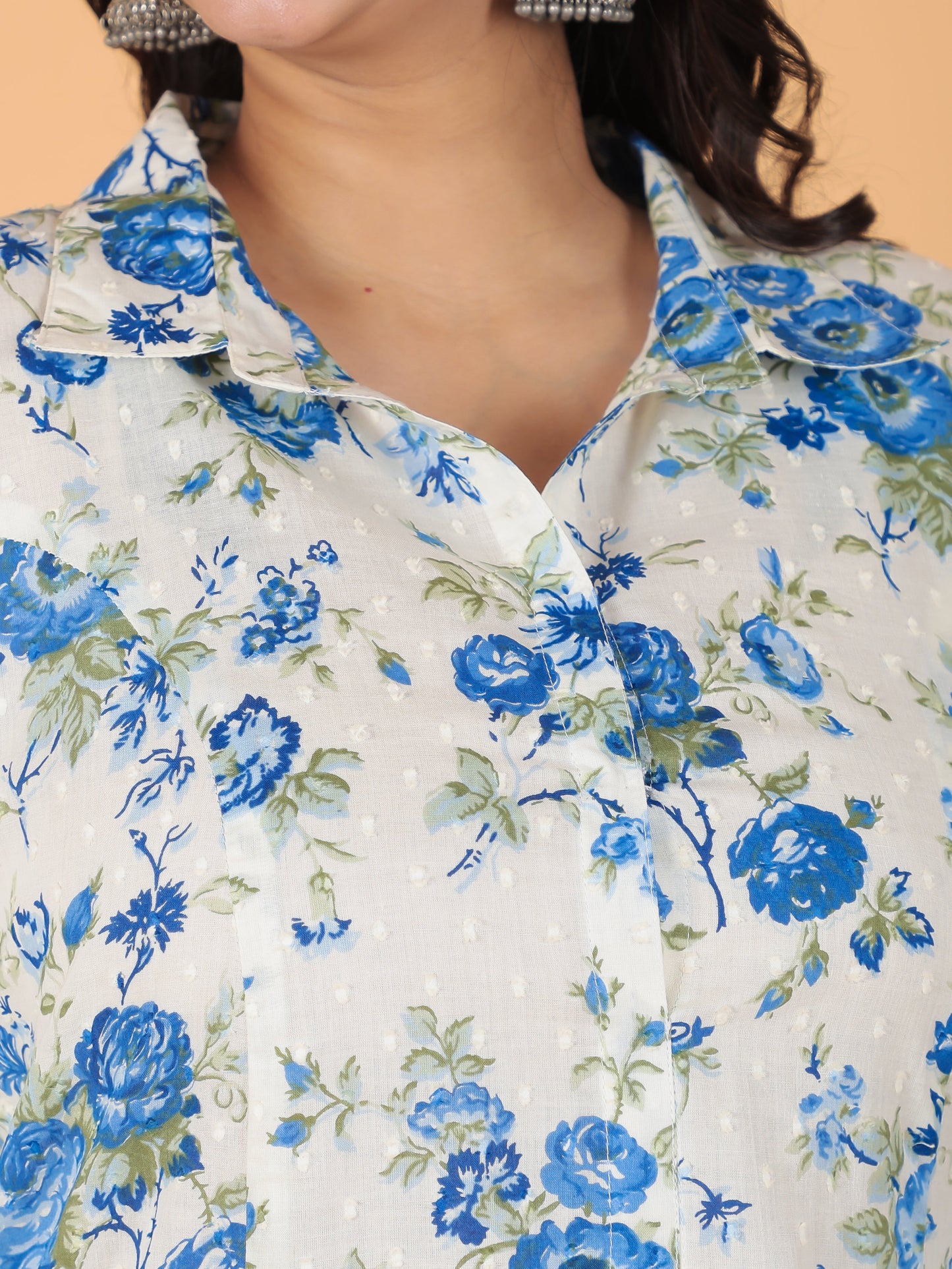 Textured Cotton Floral High Low White Kurta