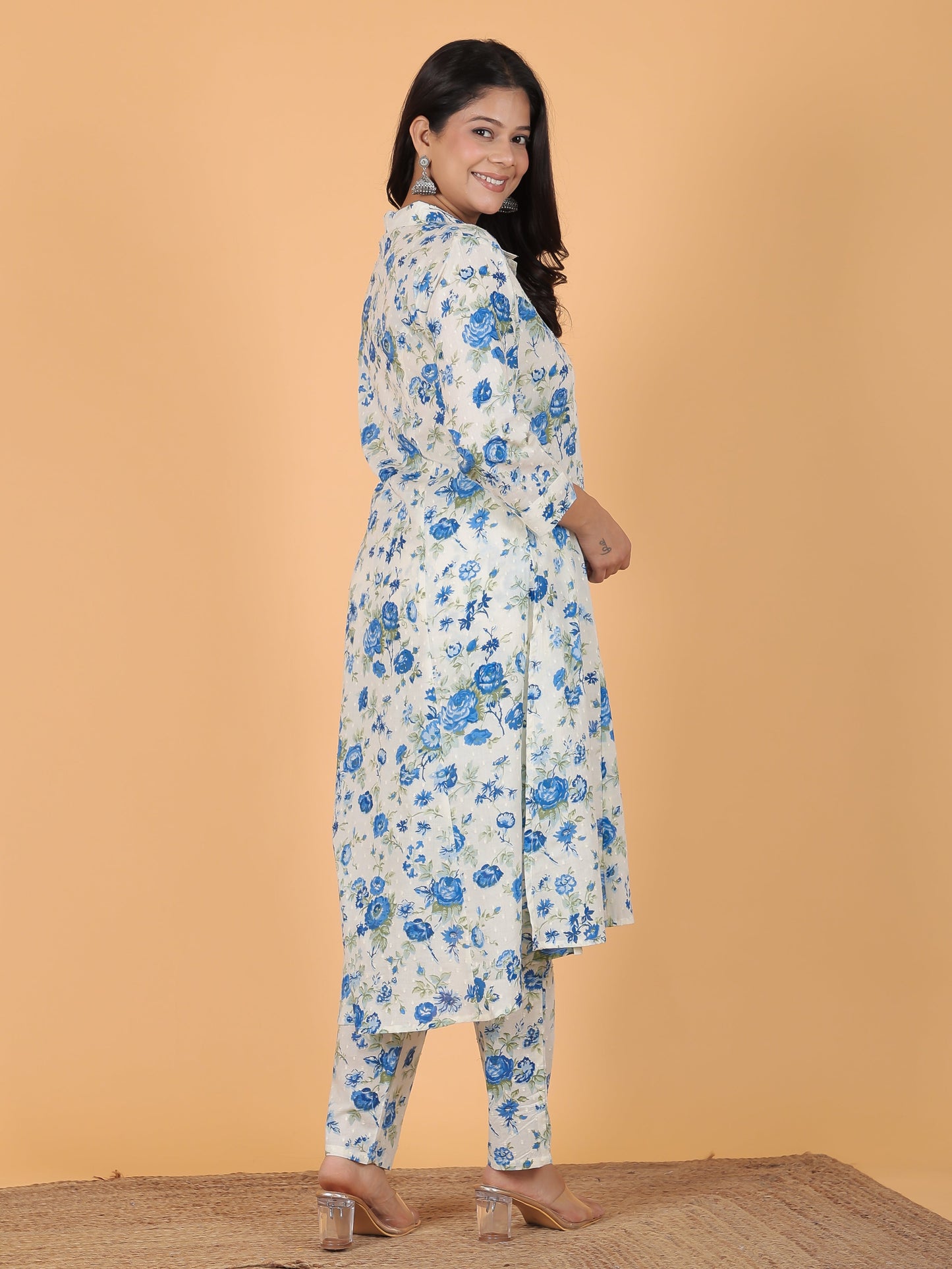 Textured Cotton Floral High Low White Kurta