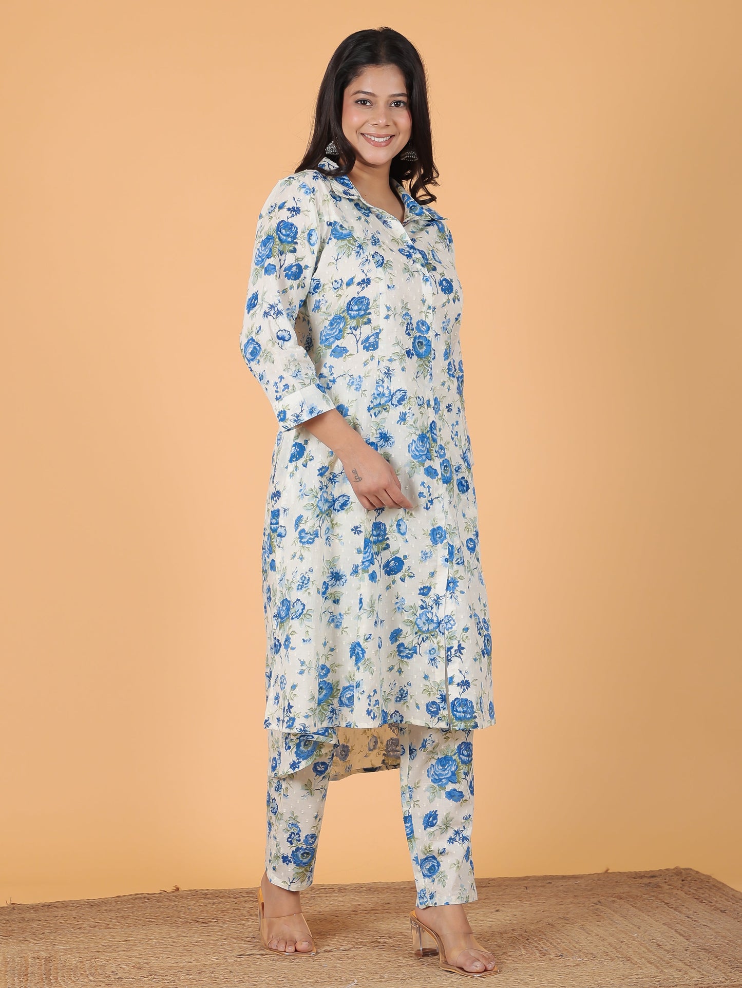 Textured Cotton Floral High Low White Kurta