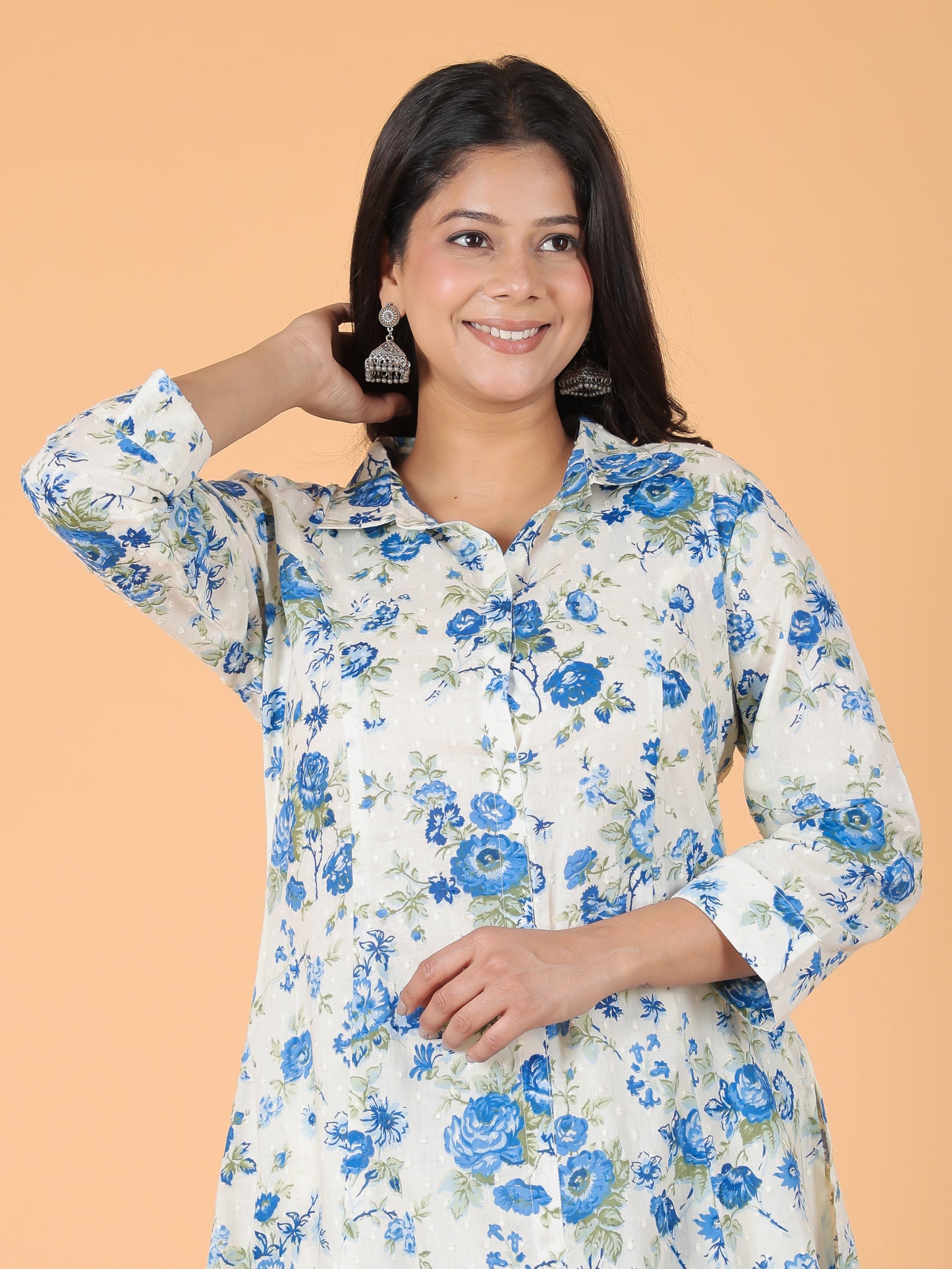 Textured Cotton Floral High Low White Kurta