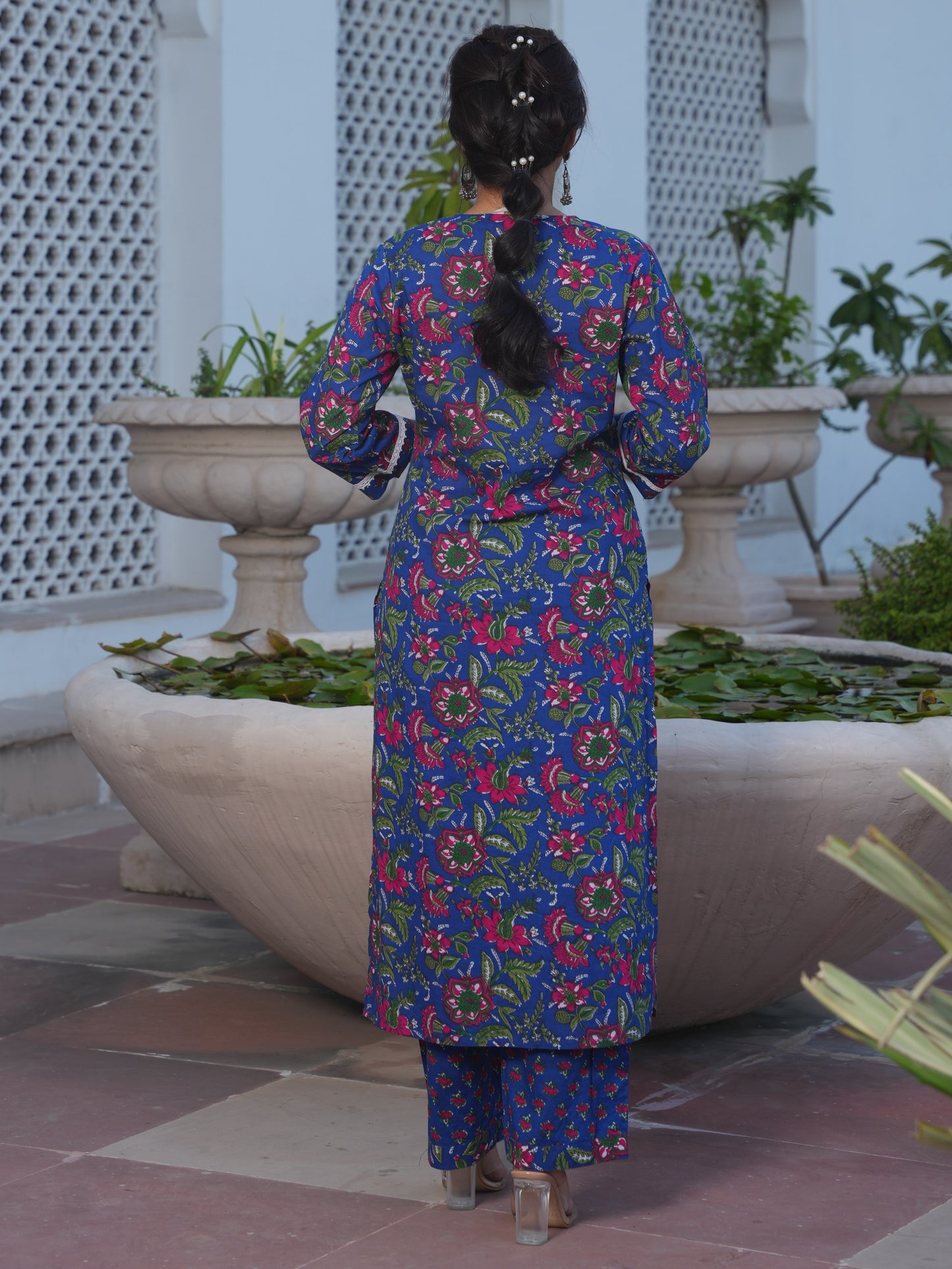 Soft Cotton Floral Straight Blue Kurta
