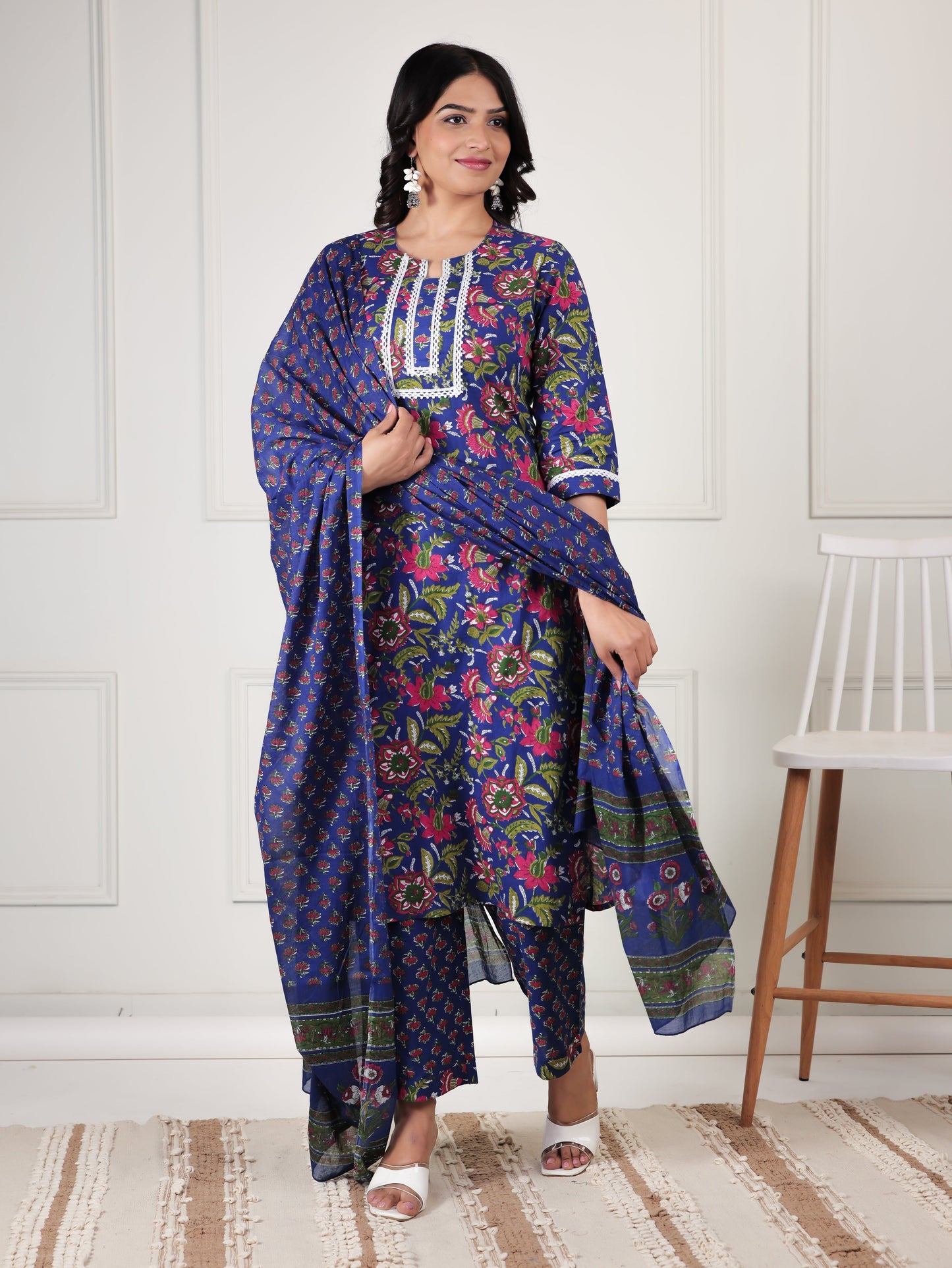 Soft Cotton Floral Straight Blue Kurta