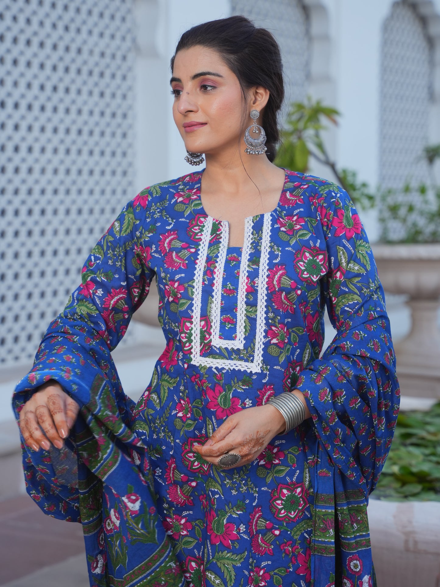 Soft Cotton Floral Straight Blue Kurta